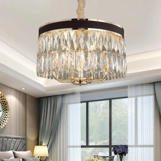 Modern Drum Chandelier With Faceted Crystal 8 Bulbs Pendant Light In Black-Gold Finish