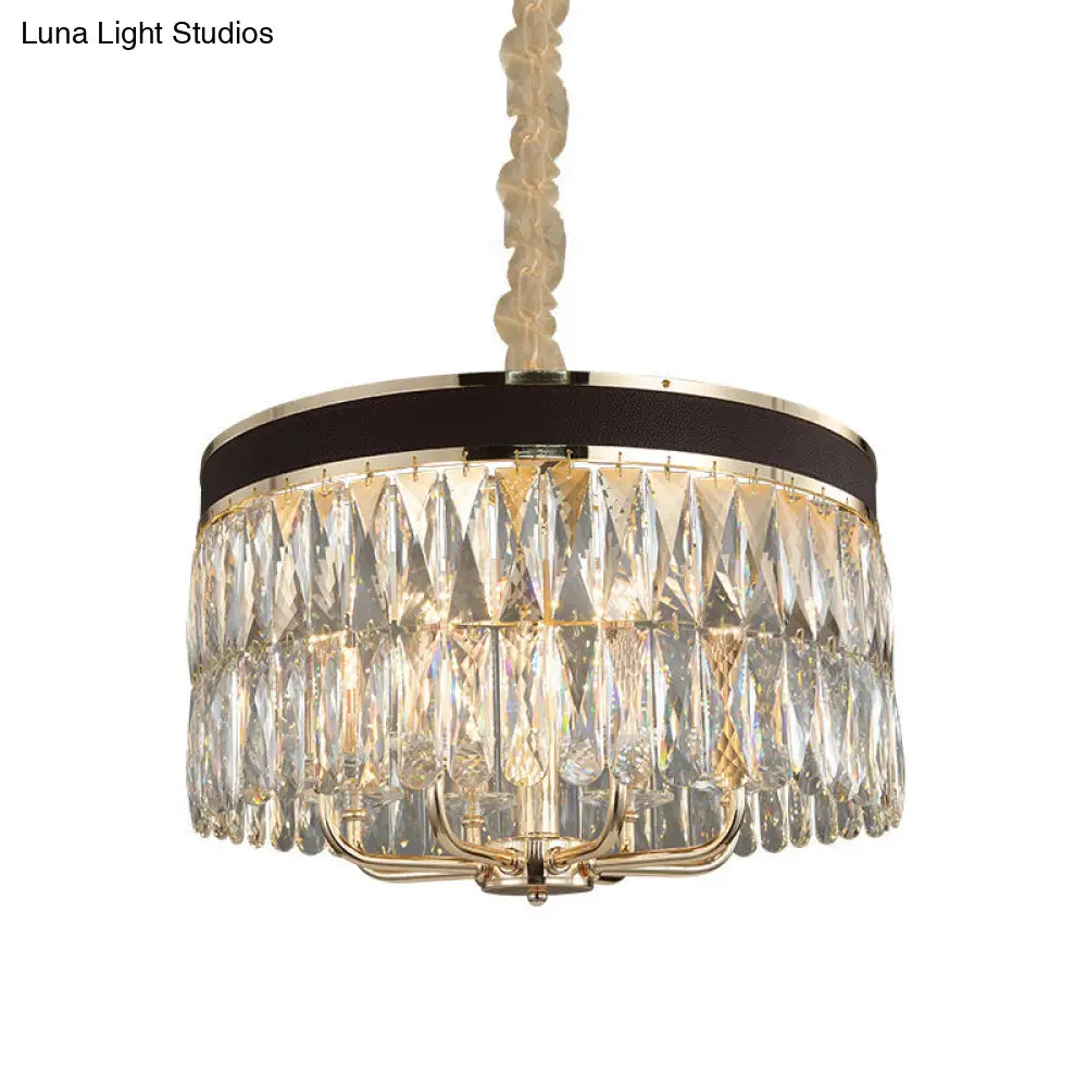 Modern Drum Chandelier With Faceted Crystal 8 Bulbs Pendant Light In Black-Gold Finish