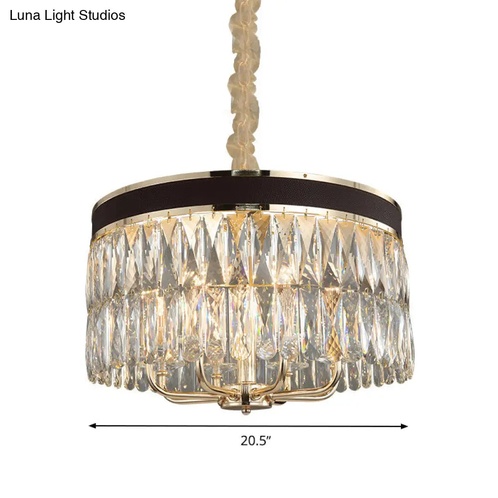 Modern Drum Chandelier With Faceted Crystal 8 Bulbs Black-Gold Pendant Light Fixture