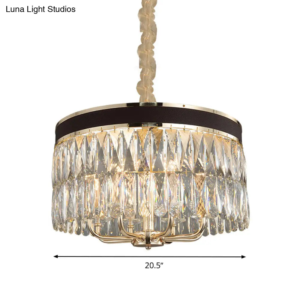 Modern Drum Chandelier With Faceted Crystal 8 Bulbs Pendant Light In Black-Gold Finish