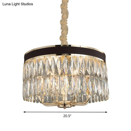 Modern Drum Chandelier With Faceted Crystal 8 Bulbs Pendant Light In Black-Gold Finish