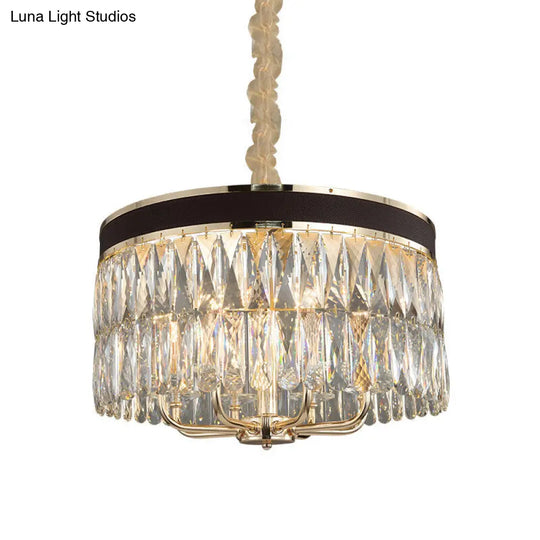 Modern Drum Chandelier With Faceted Crystal 8 Bulbs Black-Gold Pendant Light Fixture