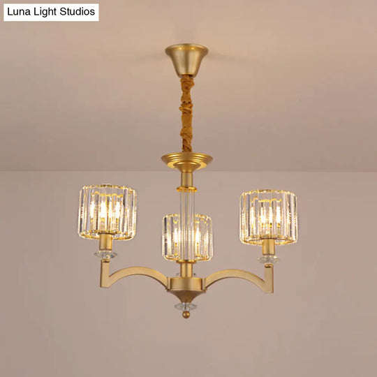 Modern Drum Crystal Ceiling Chandelier - 3/8 Gold Heads Suspended Lighting Fixture For Parlor