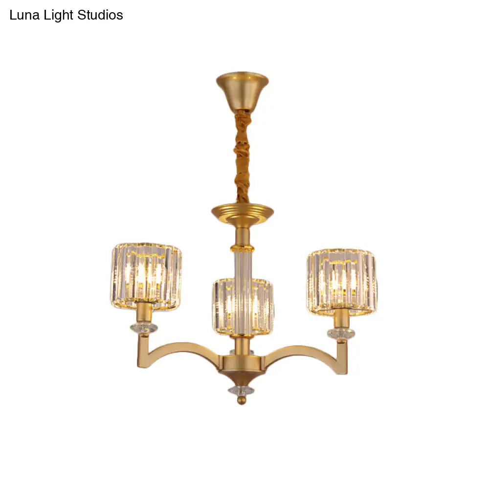 Modern Drum Crystal Ceiling Chandelier - 3/8 Gold Heads Suspended Lighting Fixture For Parlor