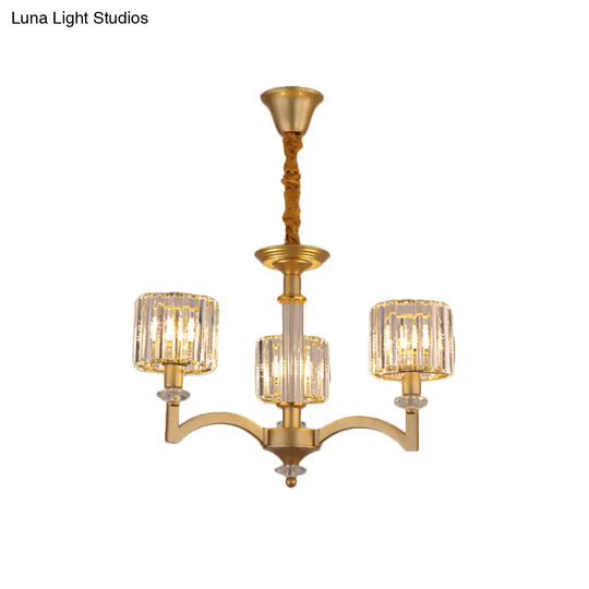 Modern Drum Crystal Ceiling Chandelier - 3/8 Gold Heads Suspended Lighting Fixture For Parlor