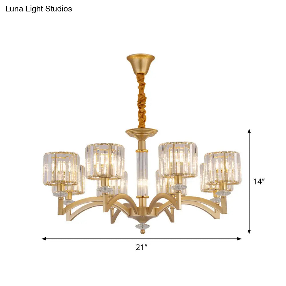 Modern Drum Crystal Ceiling Chandelier - 3/8 Gold Heads Suspended Lighting Fixture For Parlor