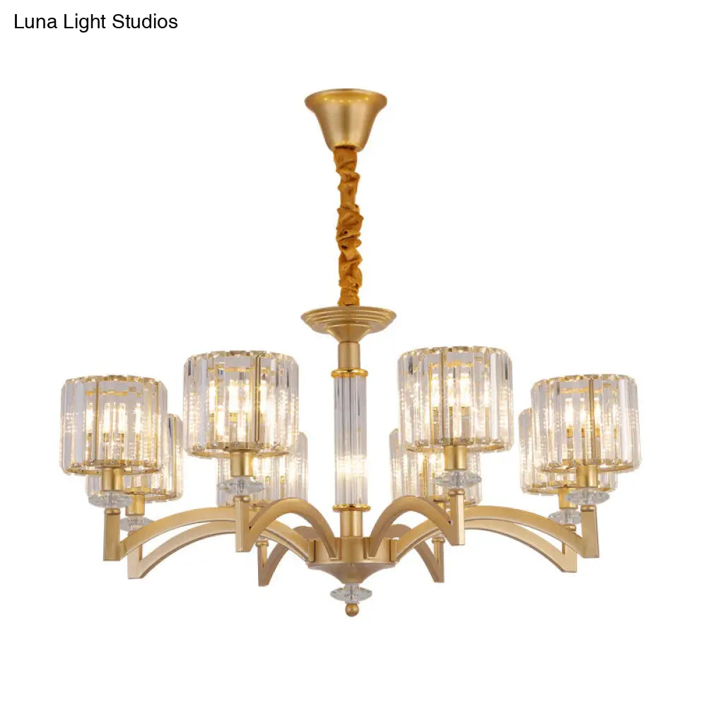 Modern Drum Crystal Ceiling Chandelier - 3/8 Gold Heads Suspended Lighting Fixture For Parlor