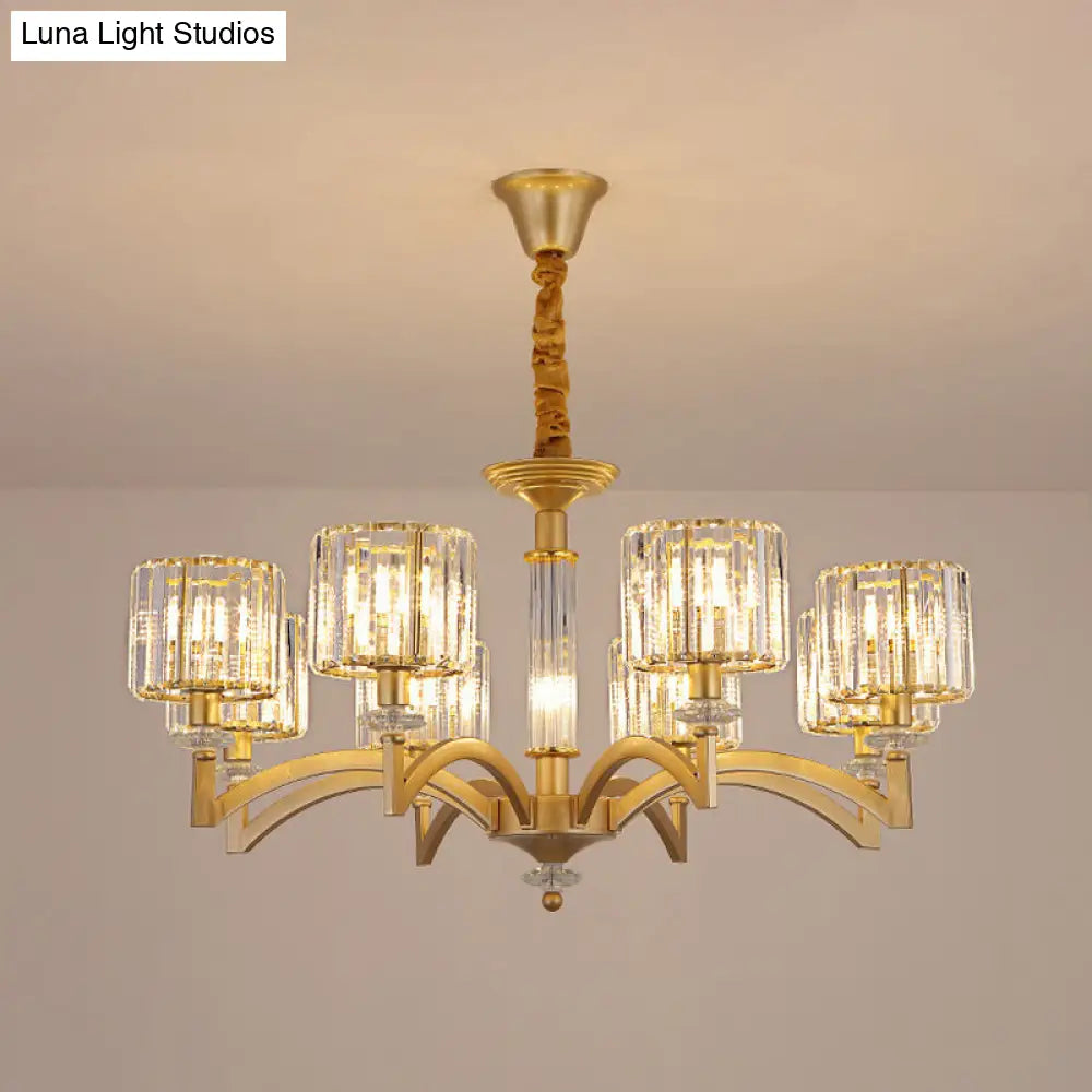 Modern Drum Crystal Ceiling Chandelier - 3/8 Gold Heads Suspended Lighting Fixture For Parlor