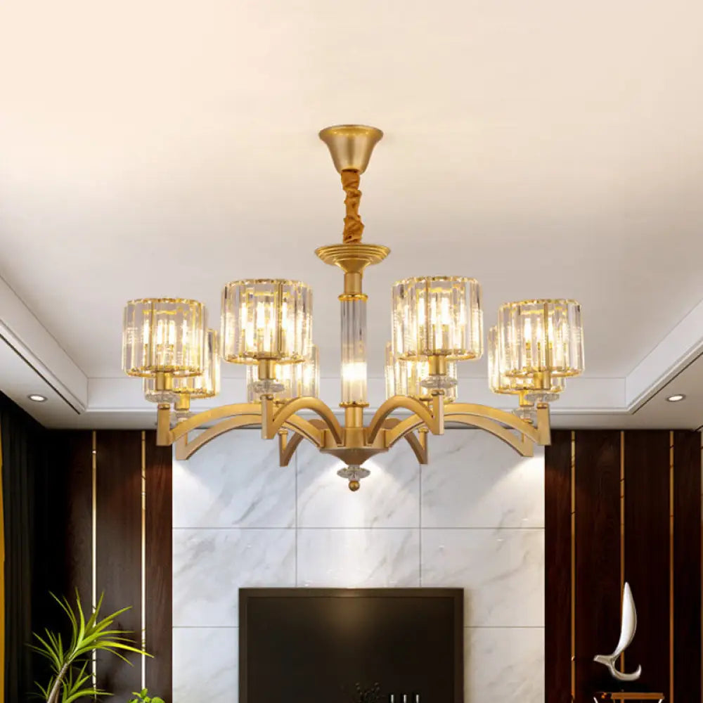 Modern Drum Crystal Ceiling Chandelier - 3/8 Gold Heads Suspended Lighting Fixture For Parlor 8 /