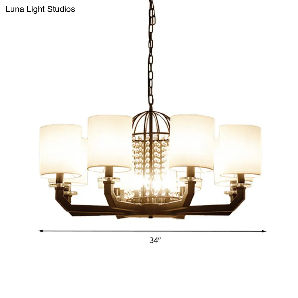 Modern Drum Crystal Chandelier - 9/12 Lights White Fabric Shade