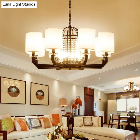 Minimalist Drum Crystal Chandelier - 9/12 Lights Pendant With White Fabric Shade