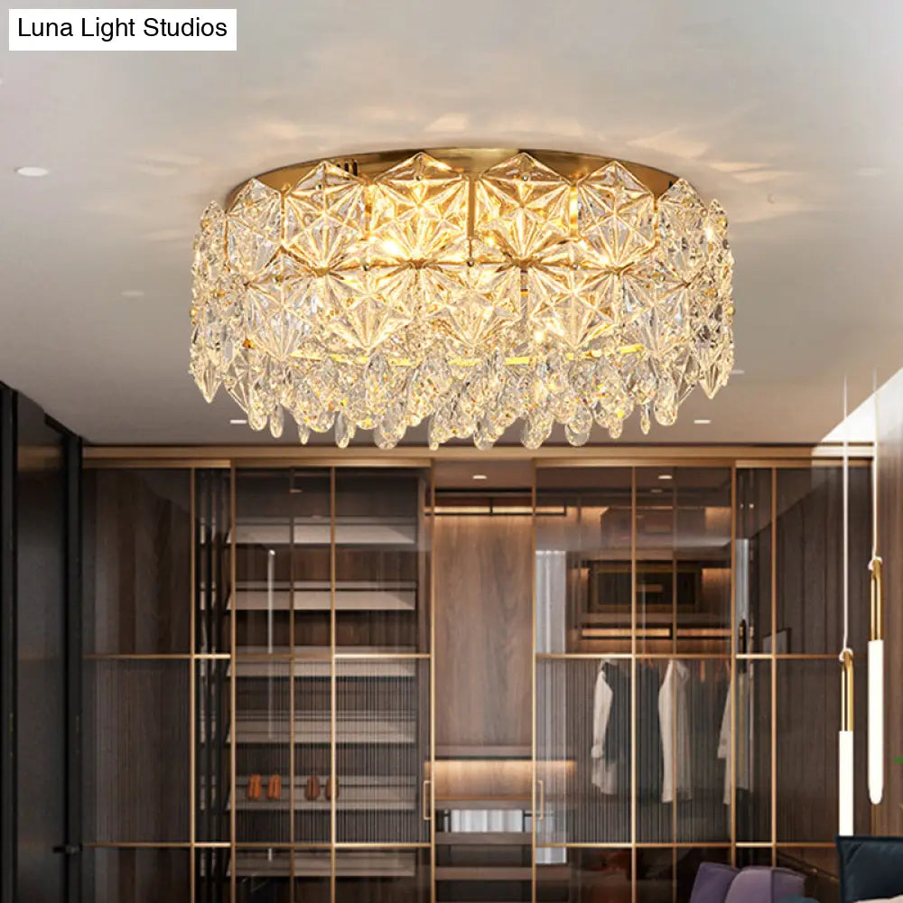 Modern Drum Crystal Flush Mount Ceiling Light With 4/6 Heads - 16.5’/20.5’ Width