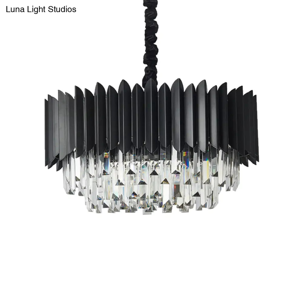 Modern Drum Crystal Prisms Chandelier - 4-Bulb Black Living Room Hanging Pendant Light