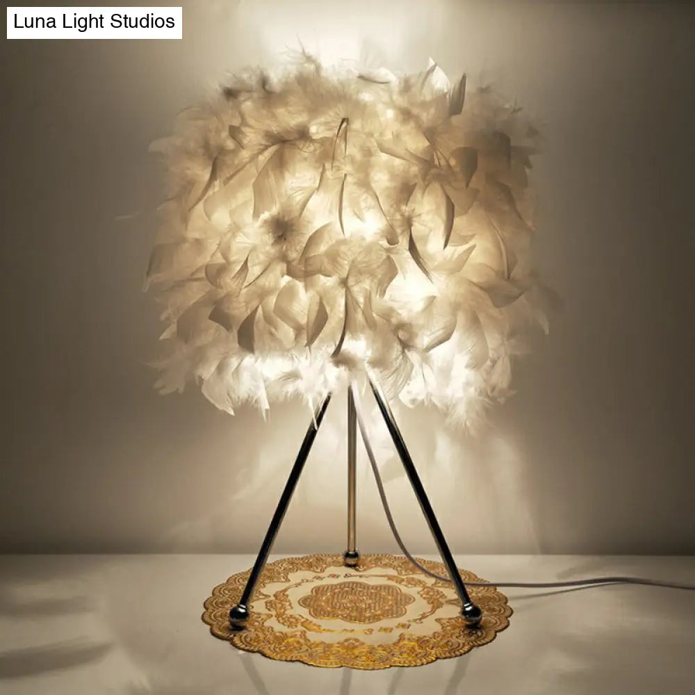 Modern Drum Feather Table Light With Metallic Tripod - White Living Room Nightstand Lighting