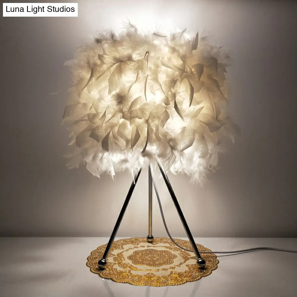 Modern Drum Feather Table Light With Metallic Tripod - White Living Room Nightstand Lighting