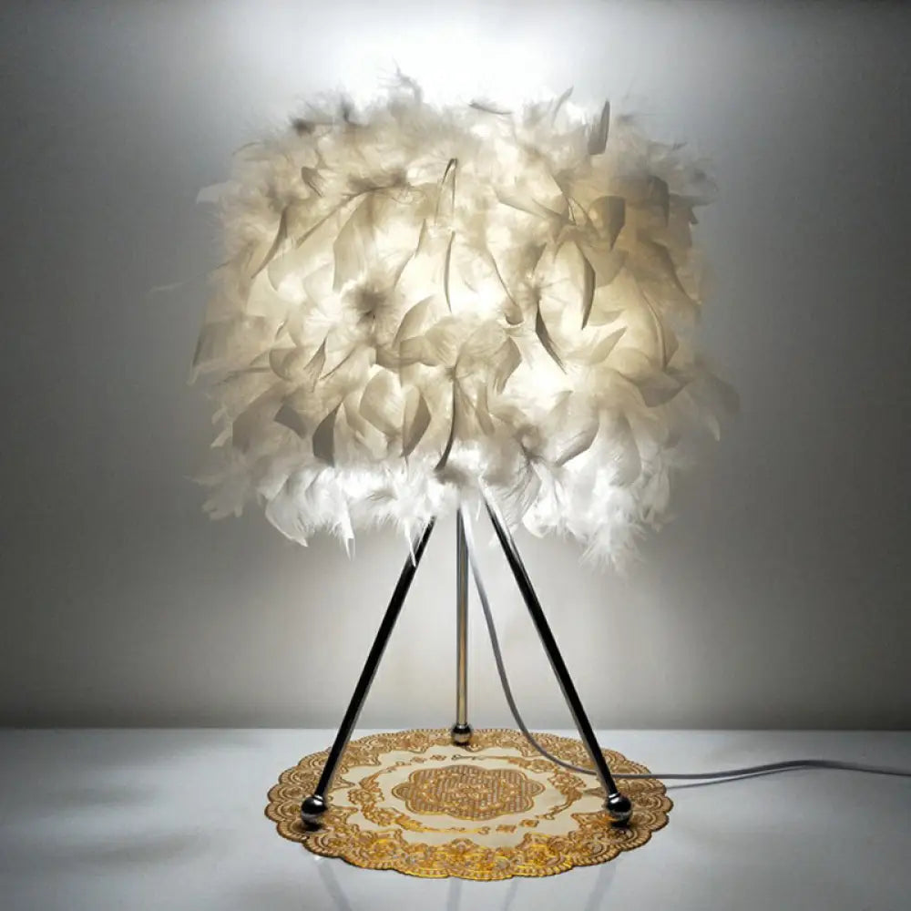 Modern Drum Feather Table Light With Metallic Tripod - White Living Room Nightstand Lighting