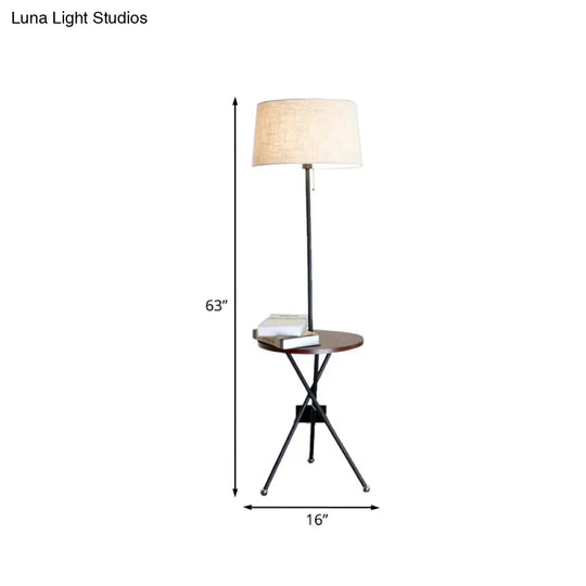 Modern Drum Floor Lamp For Living Room - Single Light Standing In Flaxen Fabric