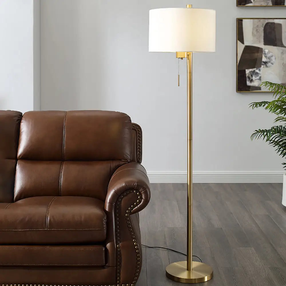 Modern Drum Floor Standing Lamp In Gold With White Fabric Shade - Bedroom Pull-Chain Design