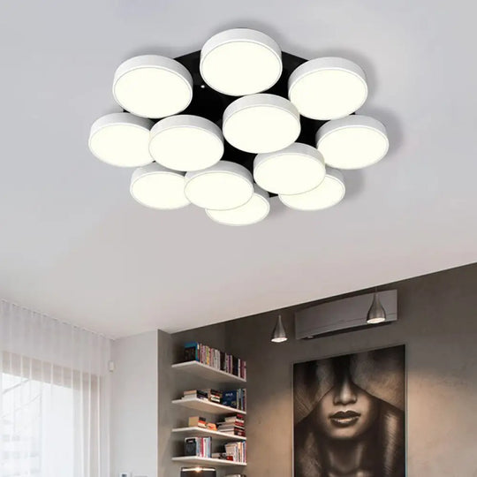 Modern Drum Flush Mount Light With Multiple Heads In Black/White For Study Room 12 / White