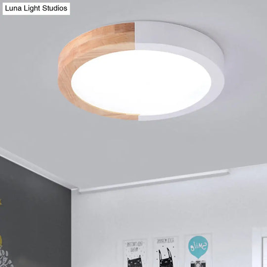 Modern Drum Flush Mount Light With Wood And Acrylic Shade For Kids Bedroom White / 12