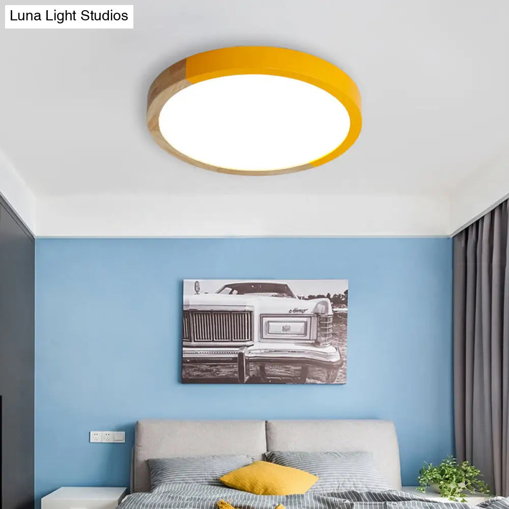 Modern Drum Flush Mount Light With Wood And Acrylic Shade For Kids Bedroom Yellow / 12 White