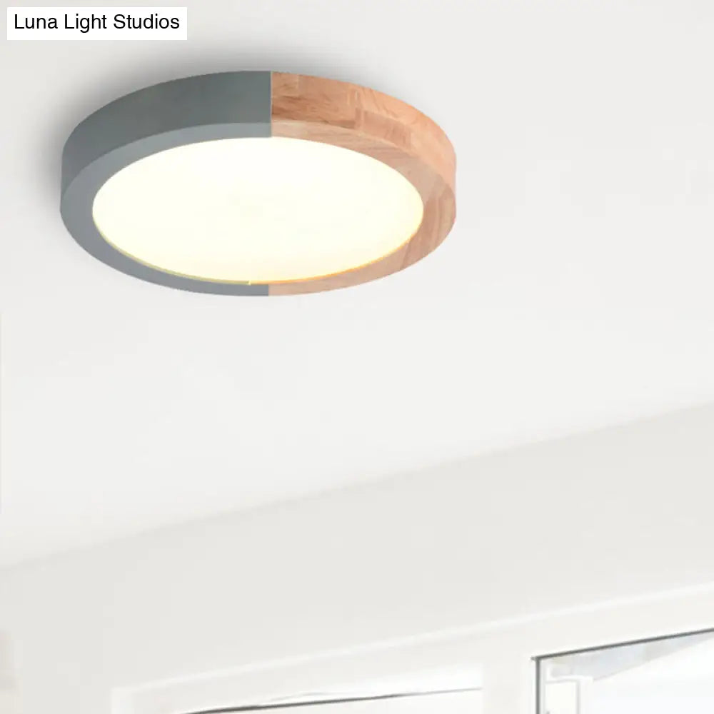 Modern Drum Flush Mount Light With Wood And Acrylic Shade For Kids Bedroom