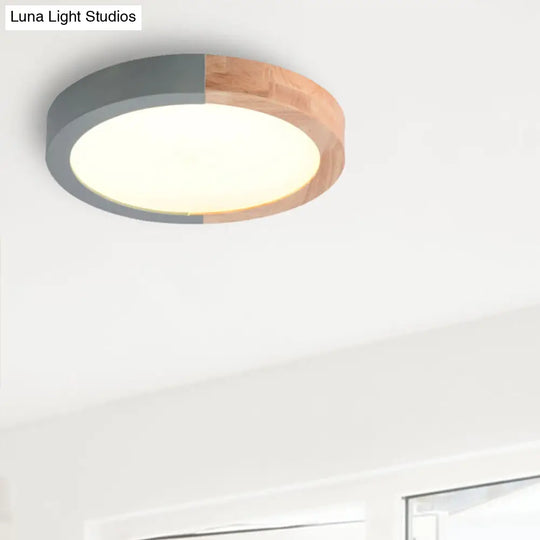 Modern Drum Flush Mount Light With Wood And Acrylic Shade For Kids Bedroom