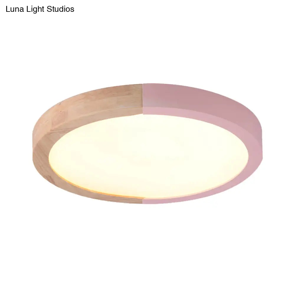 Modern Drum Flush Mount Light With Wood And Acrylic Shade For Kids Bedroom