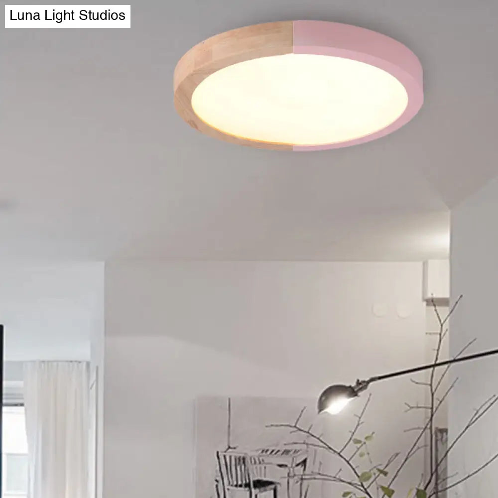 Modern Drum Flush Mount Light With Wood And Acrylic Shade For Kids Bedroom Pink / 12 White