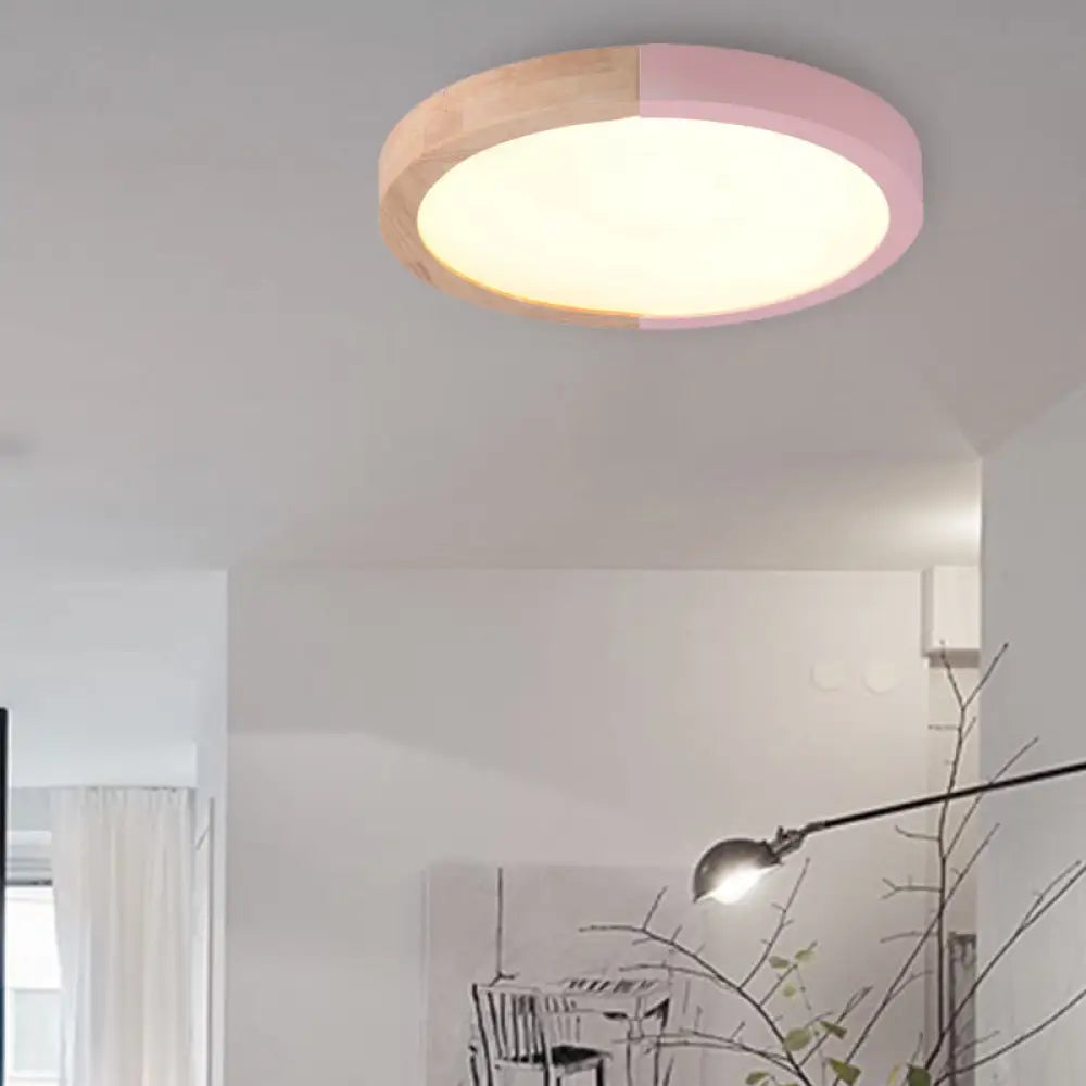 Modern Drum Flush Mount Light With Wood And Acrylic Shade For Kids Bedroom Pink / 12’ White