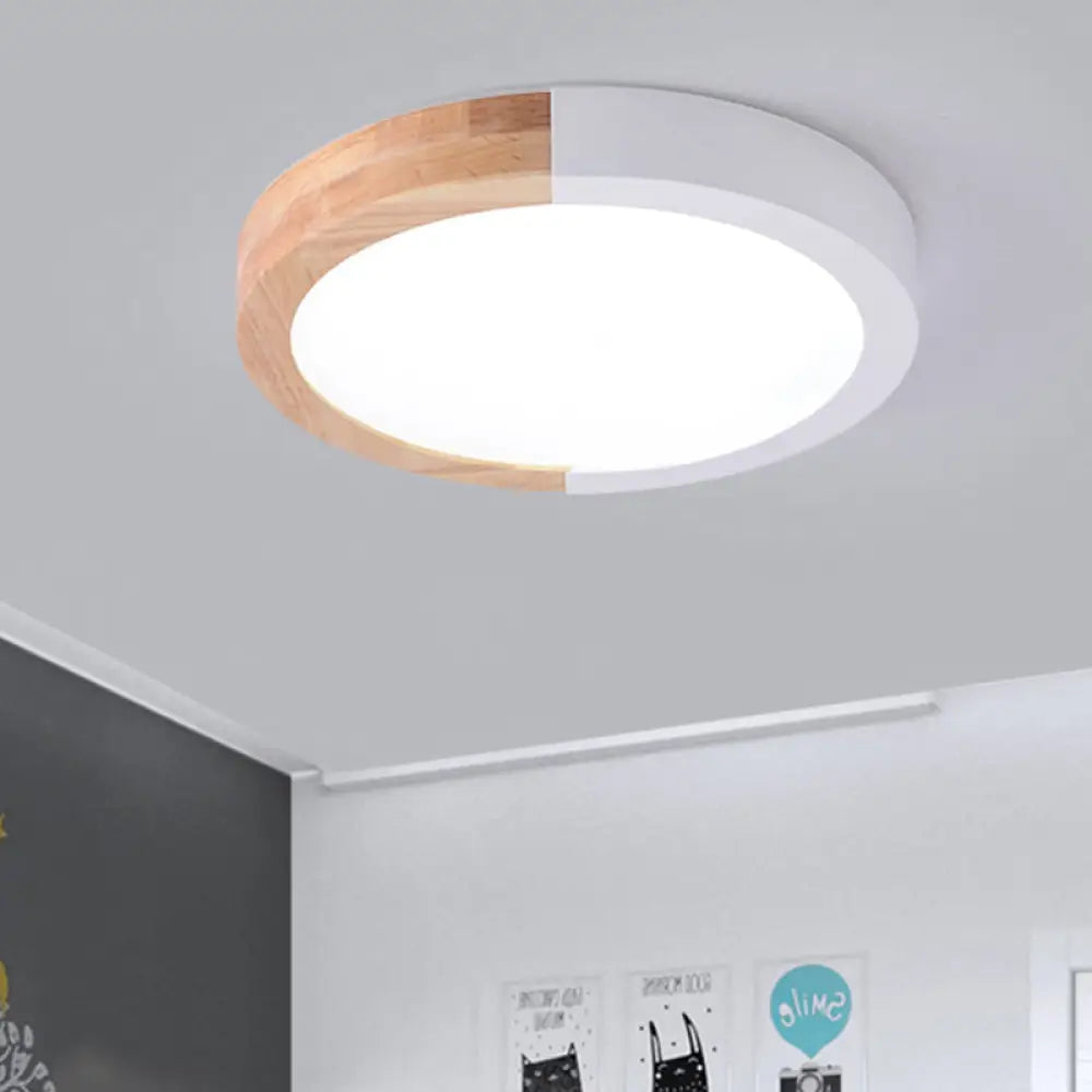 Modern Drum Flush Mount Light With Wood And Acrylic Shade For Kids Bedroom White / 12’