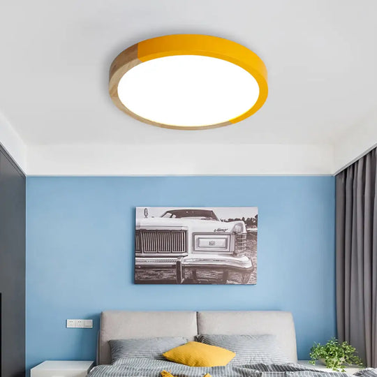 Modern Drum Flush Mount Light With Wood And Acrylic Shade For Kids Bedroom Yellow / 12’ White