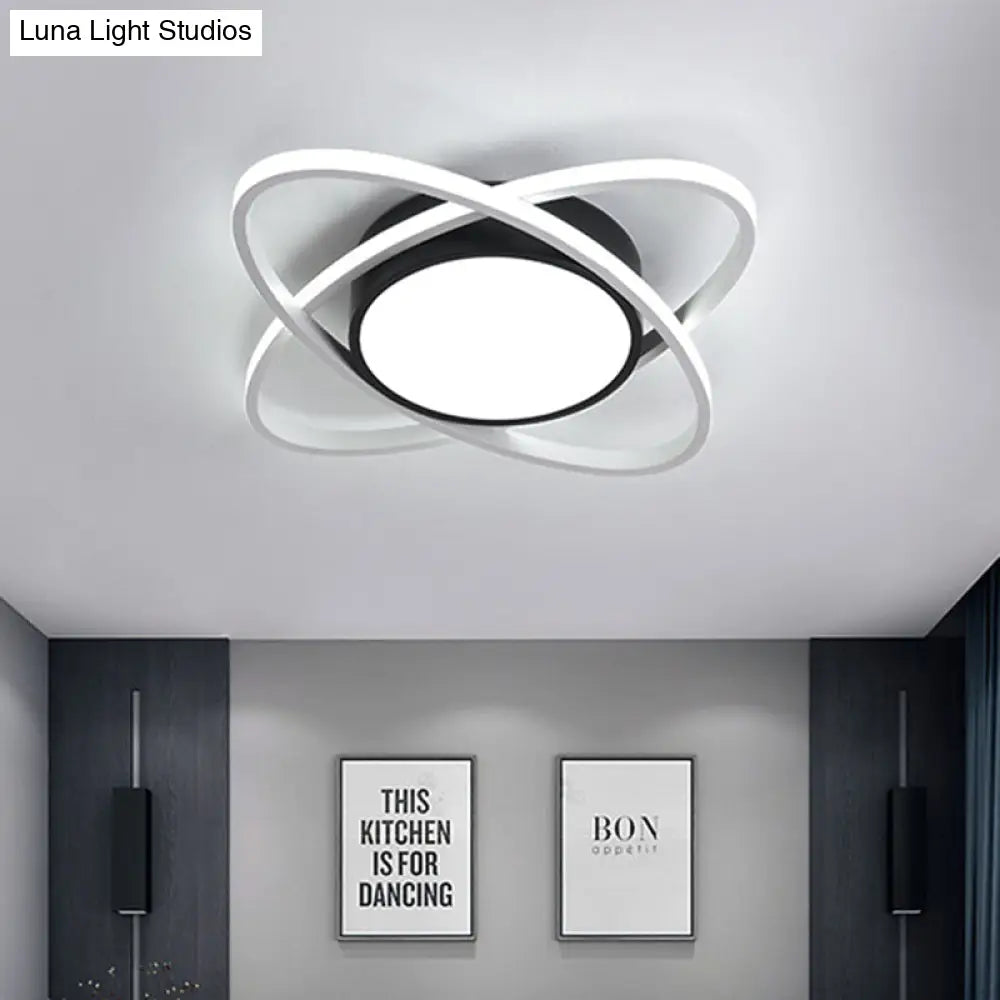 Modern Drum Flush Mount Lighting: Acrylic Led Fixture In Black/White With Cross Ring 20.5/28 Width