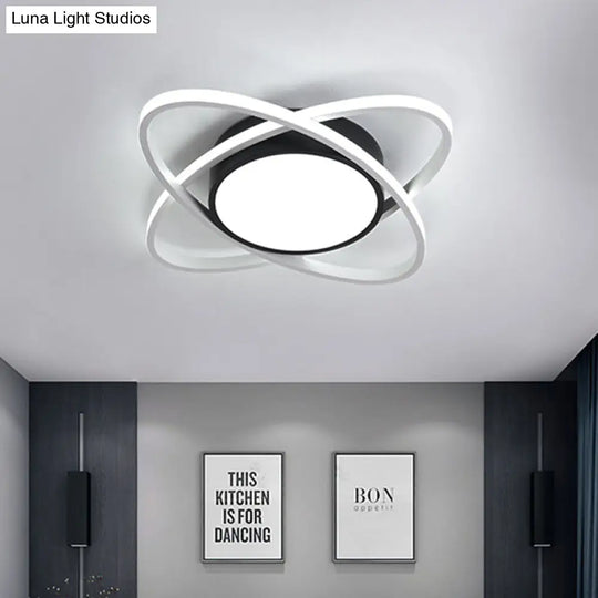 Modern Drum Flush Mount Lighting: Acrylic Led Fixture In Black/White With Cross Ring 20.5/28 Width