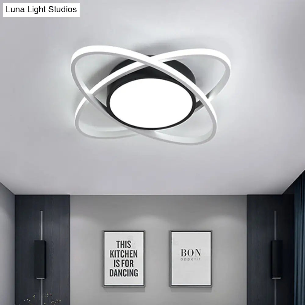 Modern Drum Flush Mount Lighting: Acrylic Led Fixture In Black/White With Cross Ring 20.5’/28’ Width