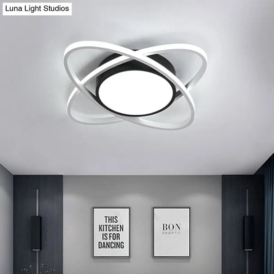 Modern Drum Flush Mount Lighting: Acrylic Led Fixture In Black/White With Cross Ring 20.5’/28’ Width