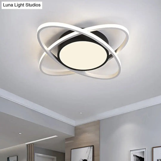 Modern Drum Flush Mount Lighting: Acrylic Led Fixture In Black/White With Cross Ring 20.5/28 Width