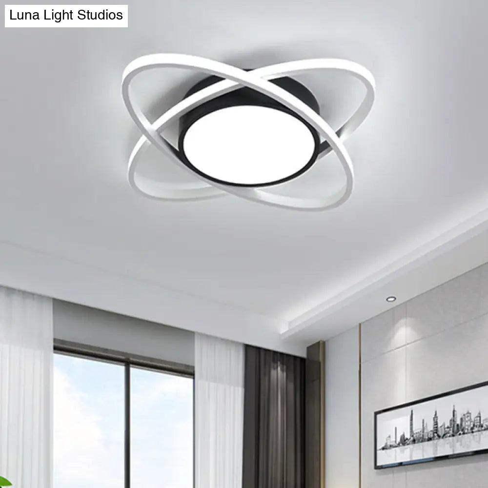 Modern Drum Flush Mount Lighting: Acrylic Led Fixture In Black/White With Cross Ring 20.5/28 Width