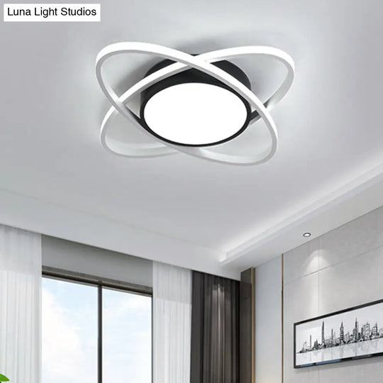 Modern Drum Flush Mount Lighting: Acrylic Led Fixture In Black/White With Cross Ring 20.5/28 Width