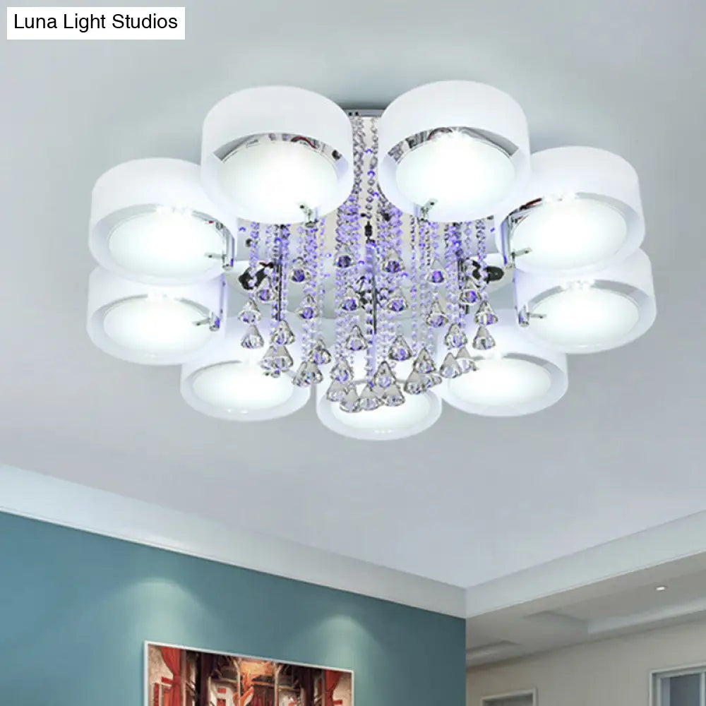 Modern Drum Flush Mount With Frosted Glass & Crystal Drop - 3/5/6 Head White Ceiling Light 9 /