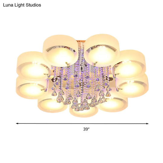 Modern Drum Flush Mount With Frosted Glass & Crystal Drop - 3/5/6 Head White Ceiling Light