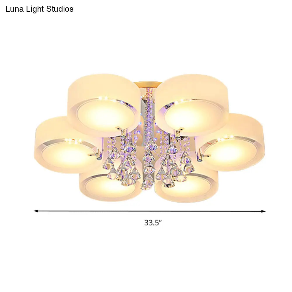 Modern Drum Flush Mount With Frosted Glass & Crystal Drop - 3/5/6 Head White Ceiling Light