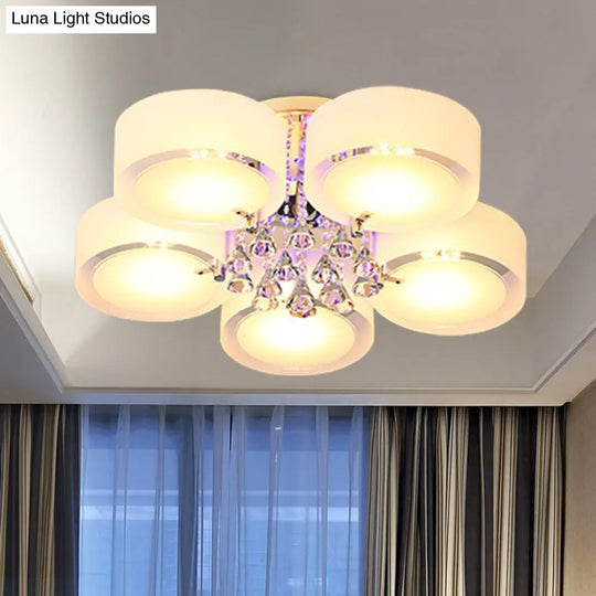 Modern Drum Flush Mount With Frosted Glass & Crystal Drop - 3/5/6 Head White Ceiling Light