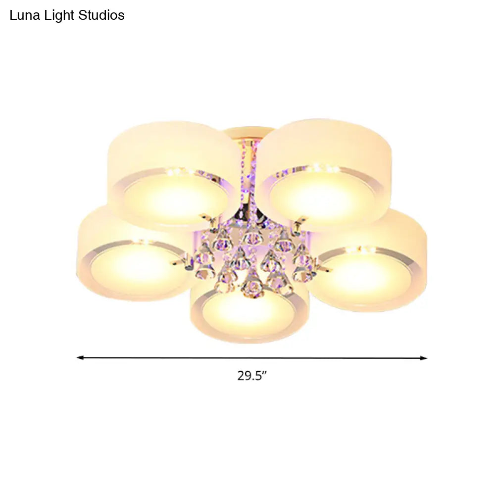 Modern Drum Flush Mount With Frosted Glass & Crystal Drop - 3/5/6 Head White Ceiling Light