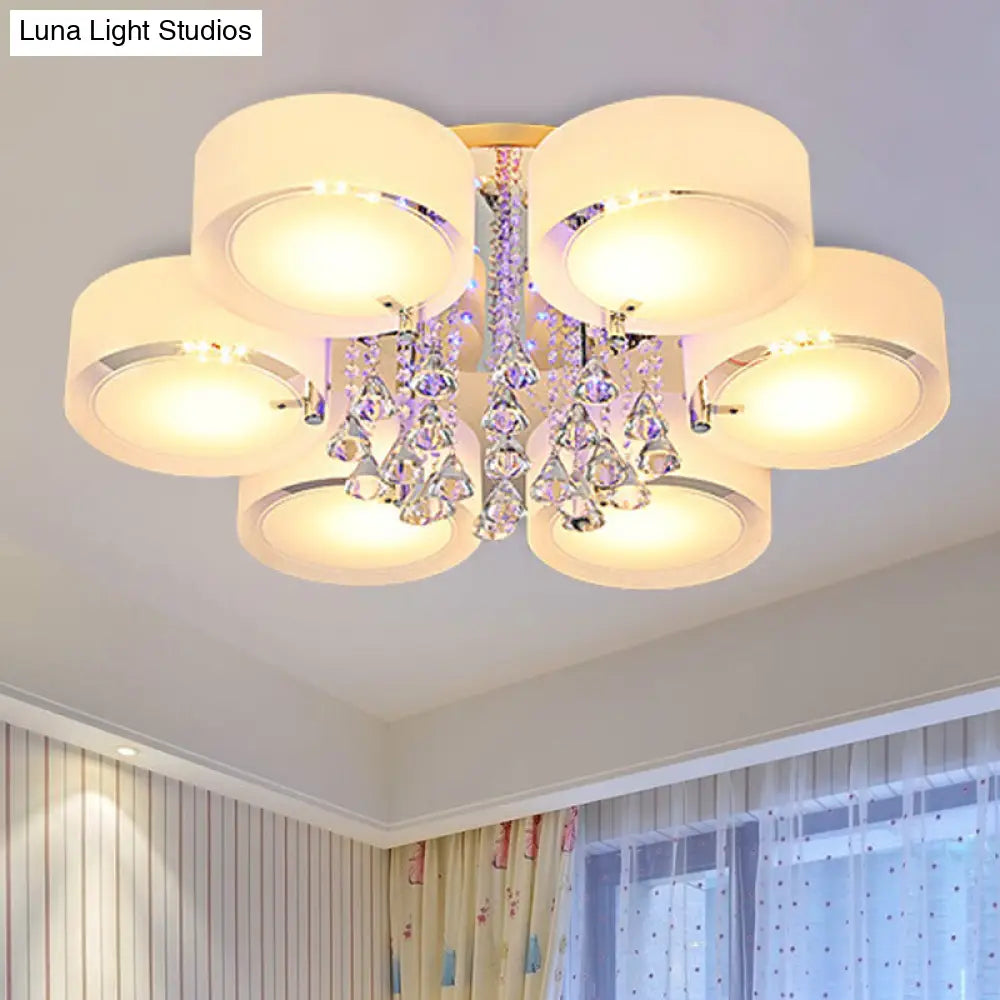 Modern Drum Flush Mount With Frosted Glass & Crystal Drop - 3/5/6 Head White Ceiling Light 6 /