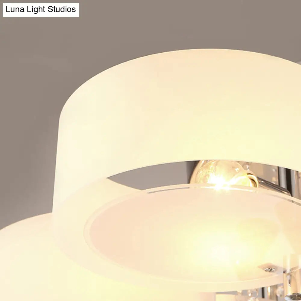 Modern Drum Flush Mount With Frosted Glass & Crystal Drop - 3/5/6 Head White Ceiling Light