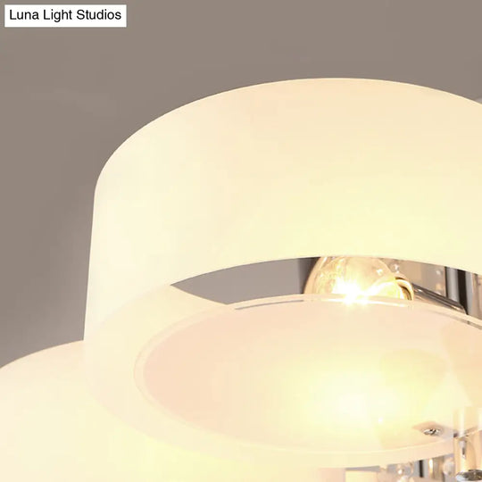 Modern Drum Flush Mount With Frosted Glass & Crystal Drop - 3/5/6 Head White Ceiling Light