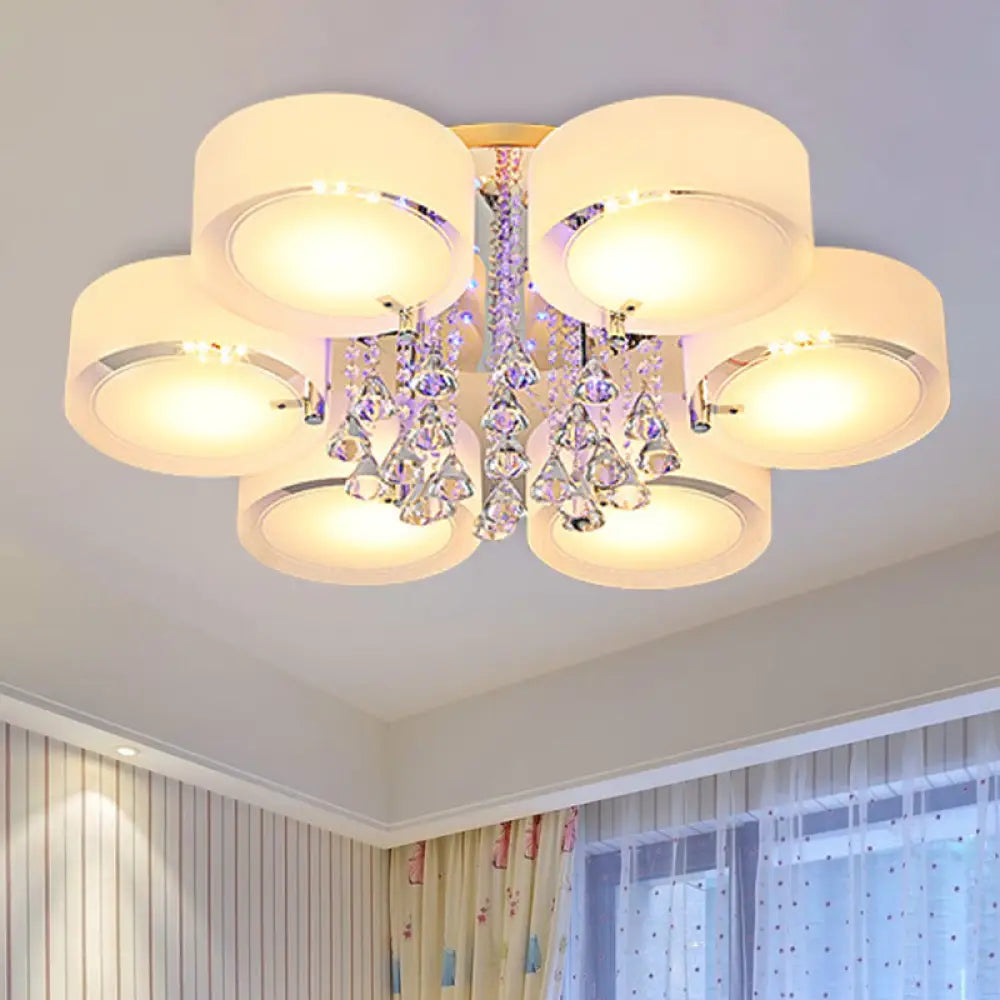 Modern Drum Flush Mount With Frosted Glass & Crystal Drop - 3/5/6 Head White Ceiling Light 6 /