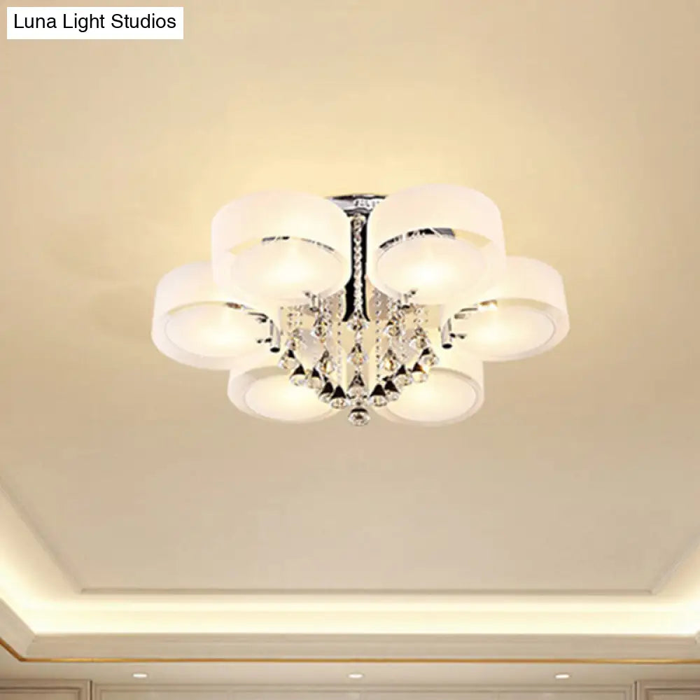 Modern Drum Flush Mount With Frosted Glass & Crystal Drop - 3/5/6 Head White Ceiling Light