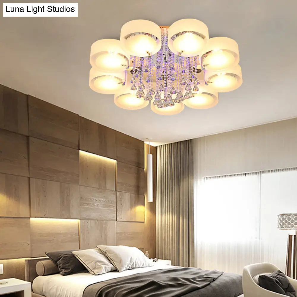 Modern Drum Flush Mount With Frosted Glass & Crystal Drop - 3/5/6 Head White Ceiling Light